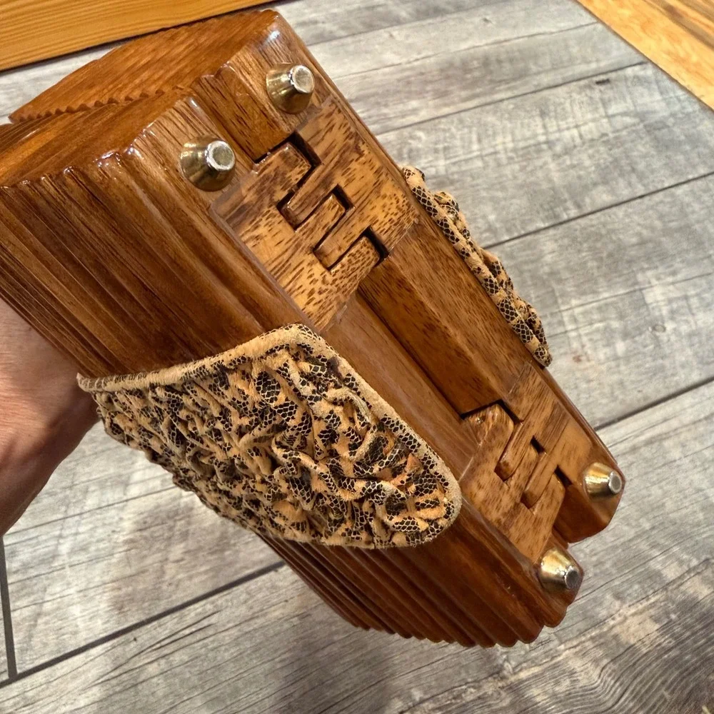 New Timmy Woods Beverly Hills Collectible Art Handmade Acacia Wood Purse Handbag